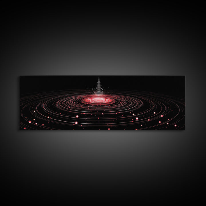 Red Orbital Light Rings In Black Space Canvas Print, Futuristic Abstract Art, Modern Wall Decor, Retro Sci Fi Poster, Digital Art Print