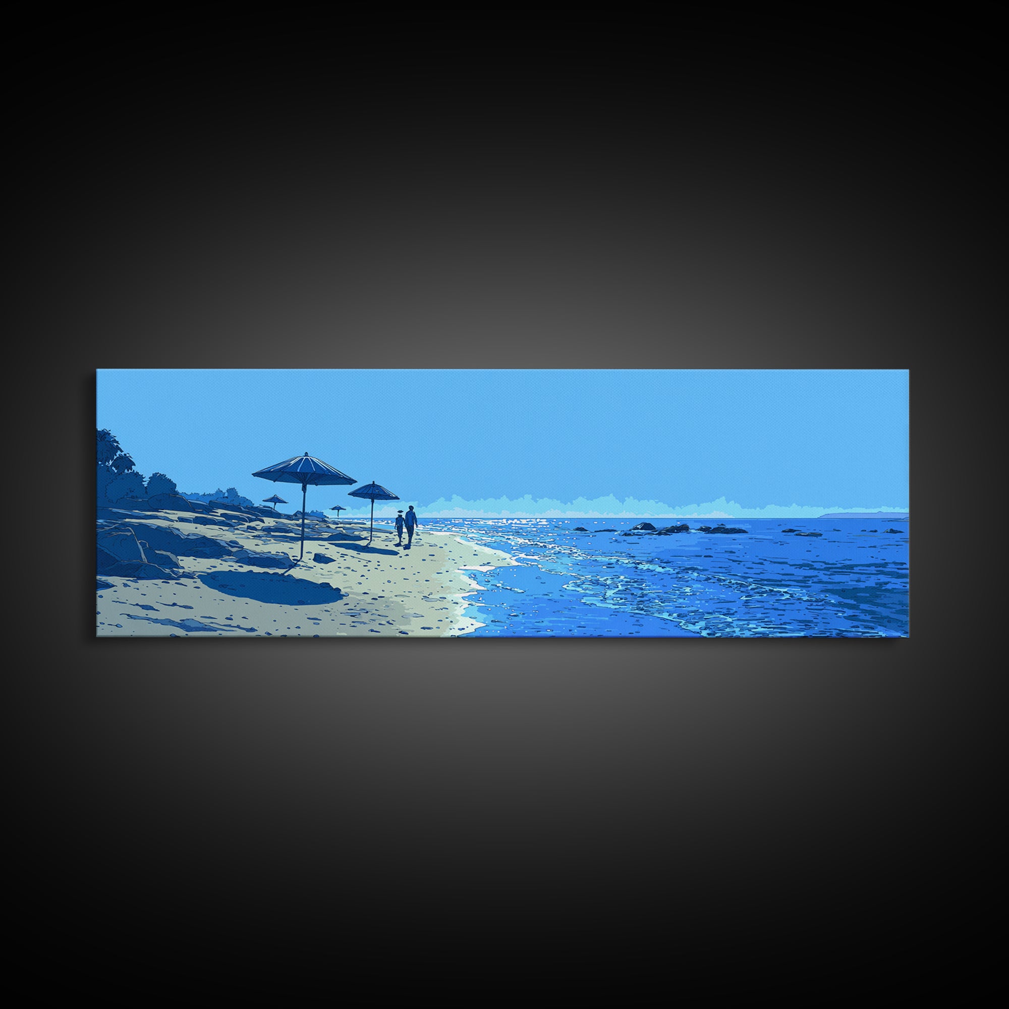 Blue Seaside Beach With Umbrellas Wall Art, Coastal Landscape Print, Modern Wall Decor, Beach House Decor, Travel Poster Art