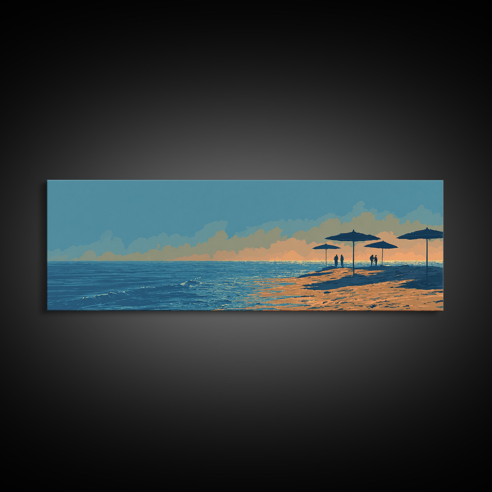 Orange Sunset Beach Umbrellas Framed Canvas Print, Coastal Wall Art, Modern Wall Decor, Tropical Landscape, Beach House Decor