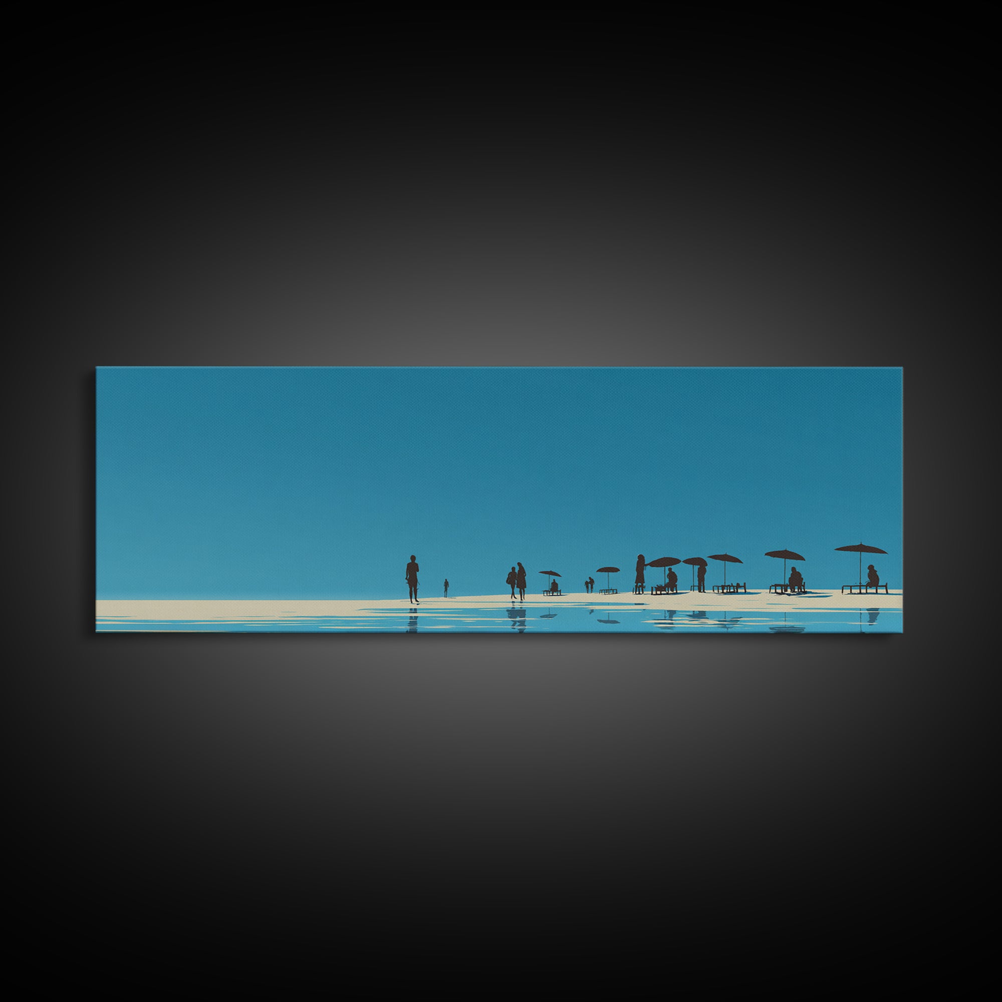 Minimal Blue Beach Horizon With Tiny Figures Wall Art, Coastal Landscape Print, Modern Wall Decor, Scandinavian Print, Large Prints
