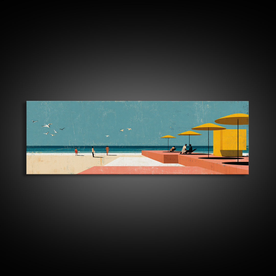 Yellow Umbrellas On Pink Seaside Terrace Canvas Print, Coastal Wall Art, Modern Wall Decor, Retro Travel Poster, Colorful Art