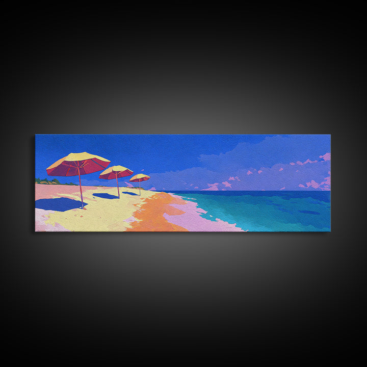 Vibrant Ocean Beach With Umbrellas Canvas Print, Coastal Wall Decor, Retro Travel Poster, Modern Art Print For Summer Home