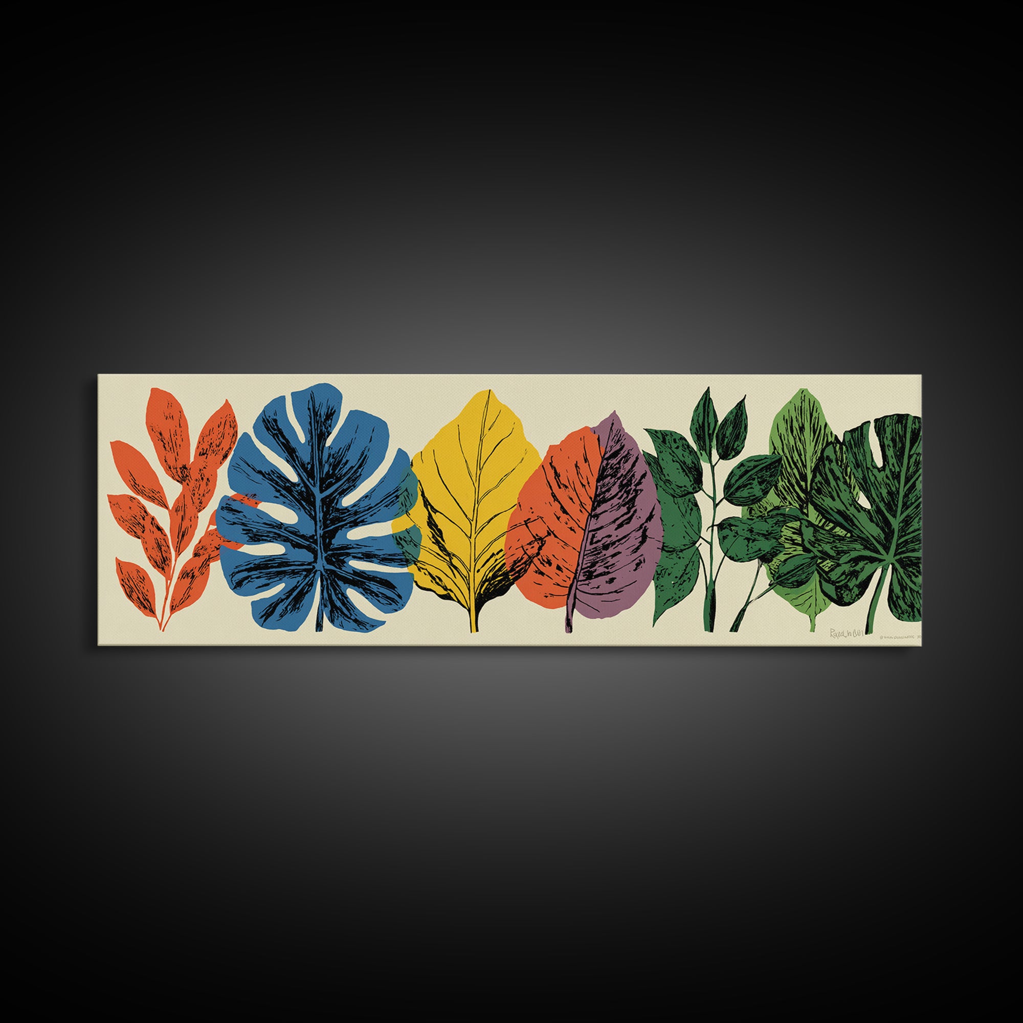 Colorful Tropical Leaf Row Framed Canvas Print, Midcentury Modern Botanical Wall Art, Retro Home Decor, Bold Nature Poster