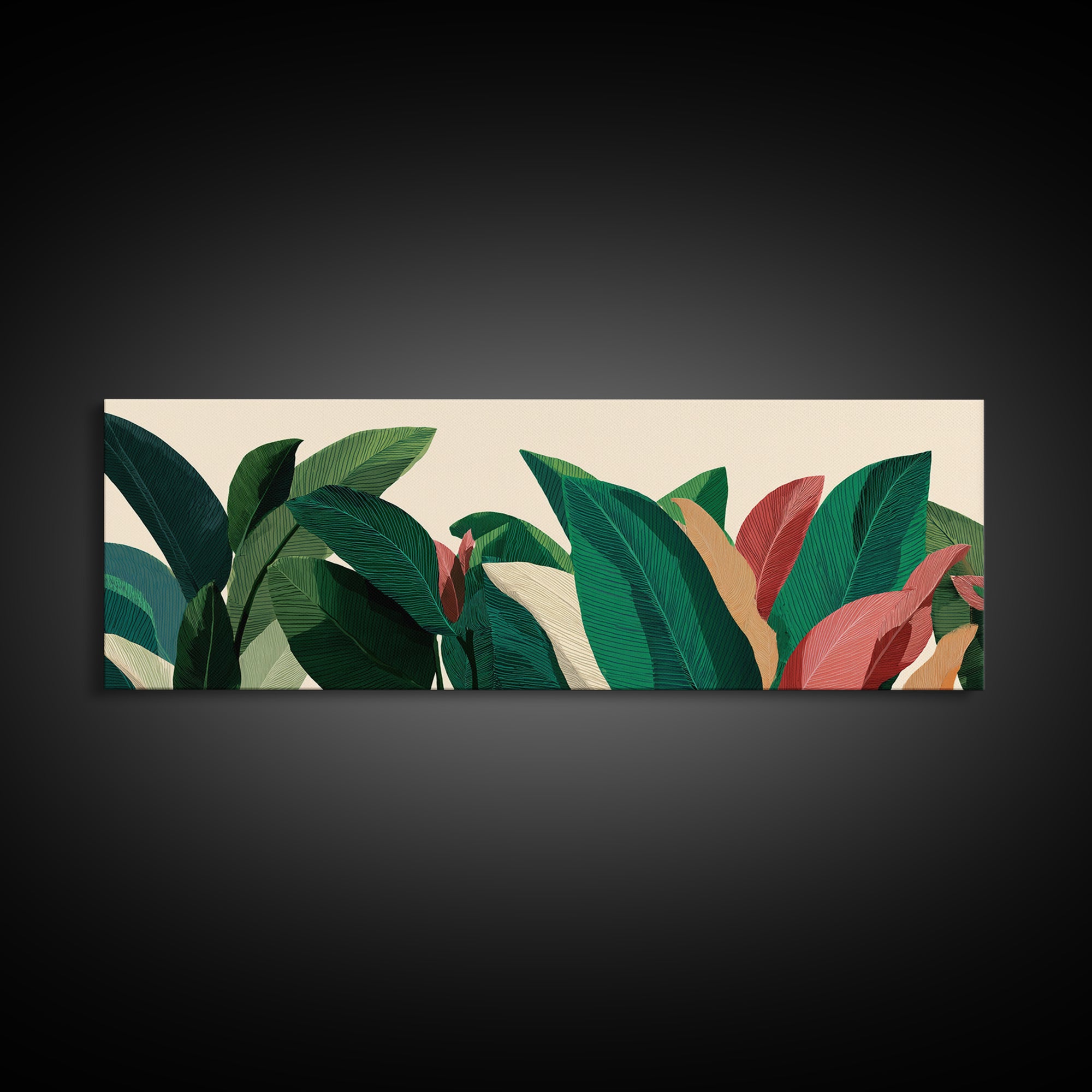 Deep Green Tropical Foliage With Coral Leaves Canvas Print, Botanical Wall Art, Midcentury Modern Decor, Boho Home Poster