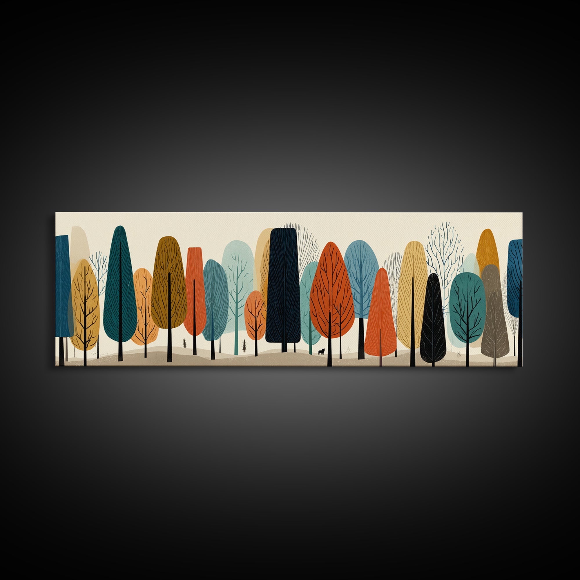 Stylized Autumn Trees In Earth Tones Canvas Print, Midcentury Modern Landscape Wall Art, Retro Forest Decor, Nordic Poster