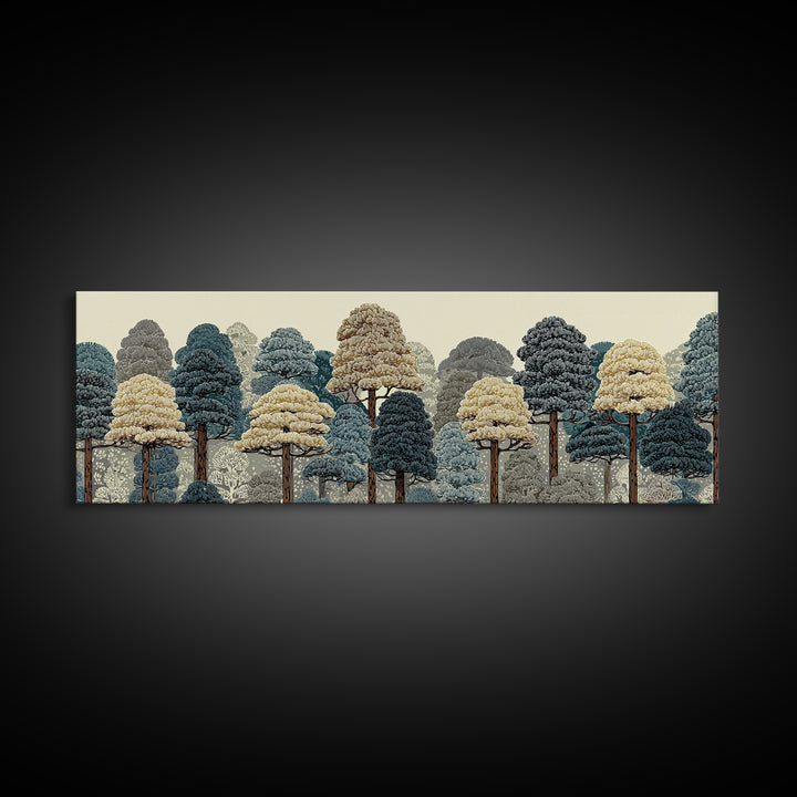 Layered Woodland Trees In Blue And Cream Wall Art, Scenic Nature Print, Midcentury Modern Decor, Large Rustic Forest Poster