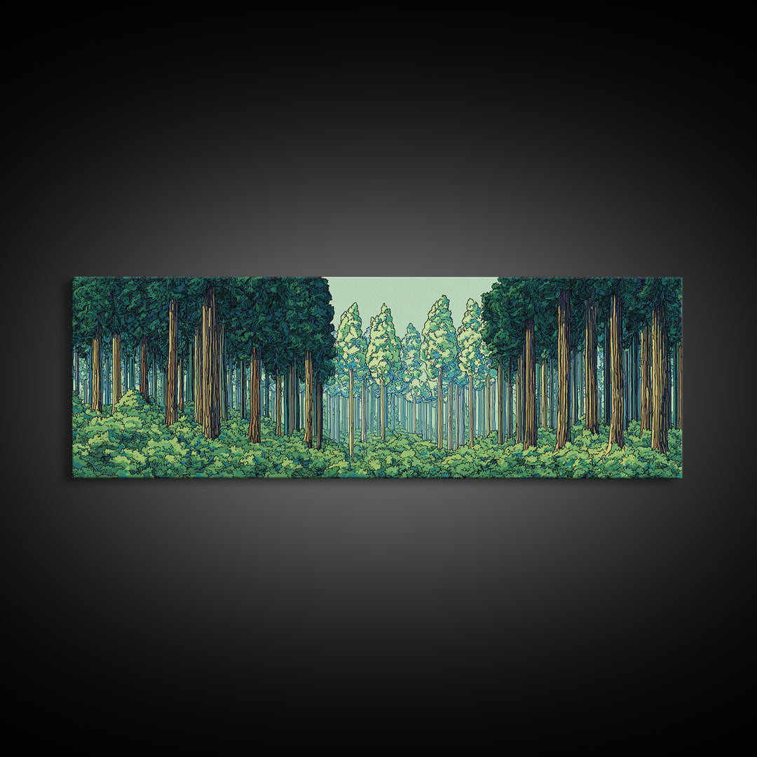 Emerald Forest Path With Tall Pines Framed Canvas Print, Nature Wall Art, Modern Home Decor, Green Scenic Woodland Poster