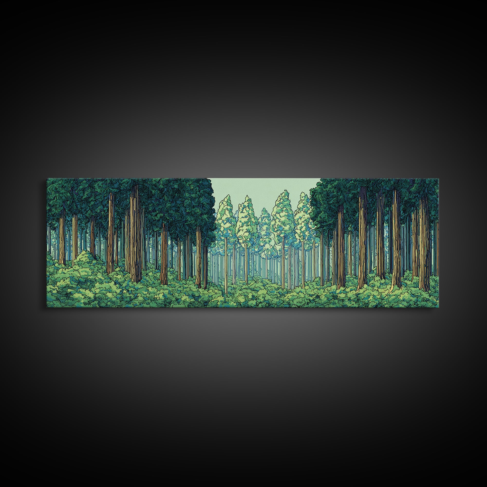 Emerald Forest Path With Tall Pines Framed Canvas Print, Nature Wall Art, Modern Home Decor, Green Scenic Woodland Poster