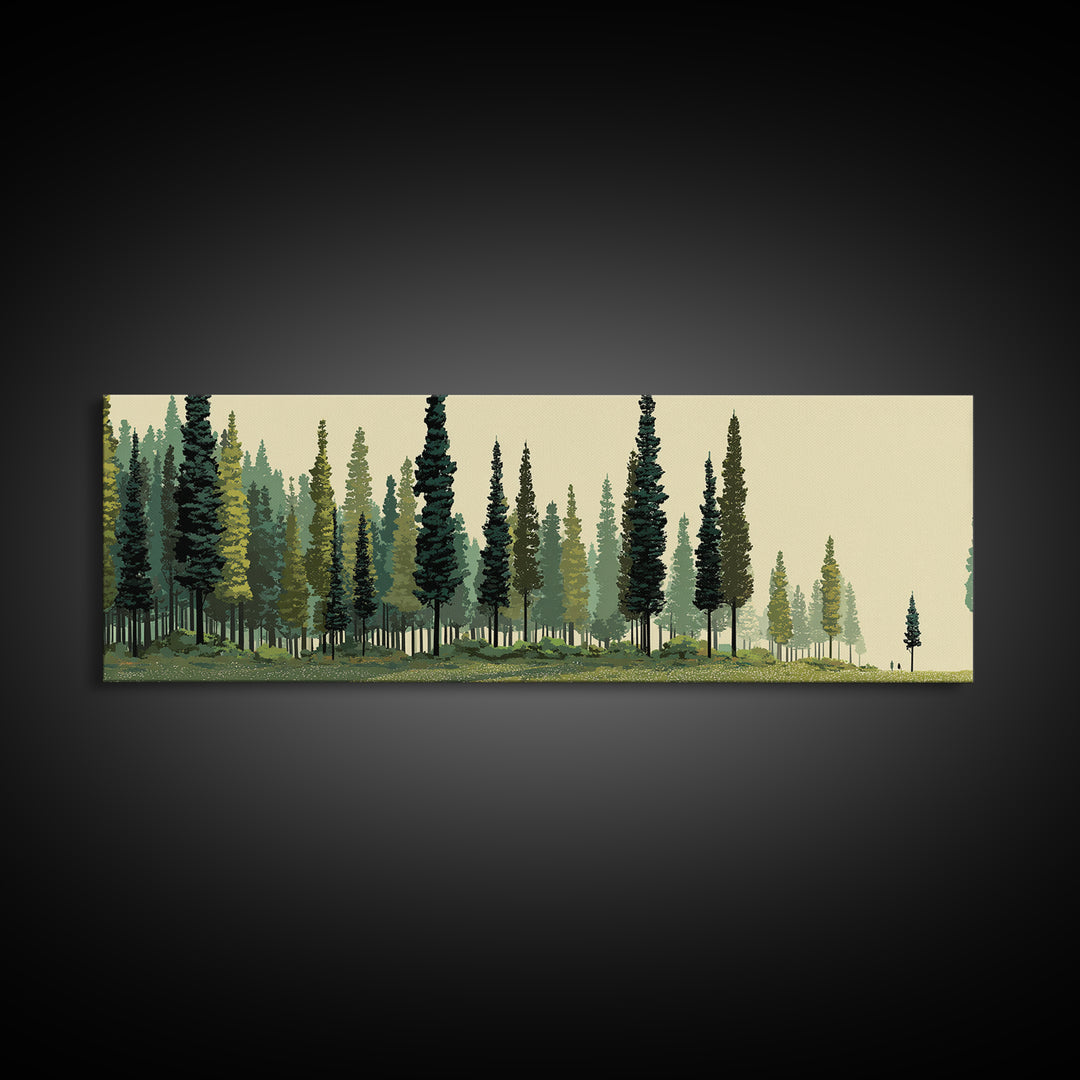 Misty Evergreen Forest Panorama Wall Art, Midcentury Modern Landscape Print, Nature Wall Decor, Large Canvas Cabin Artwork