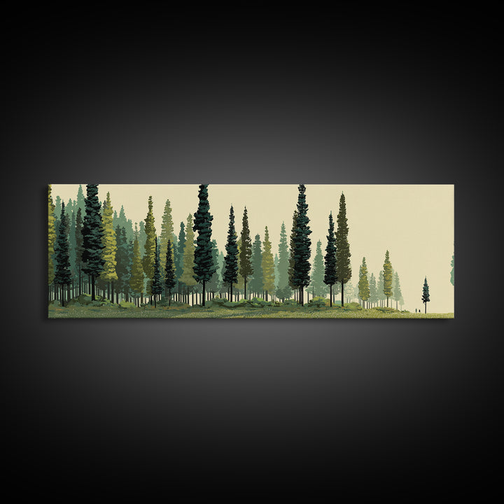 Misty Evergreen Forest Panorama Wall Art, Midcentury Modern Landscape Print, Nature Wall Decor, Large Canvas Cabin Artwork