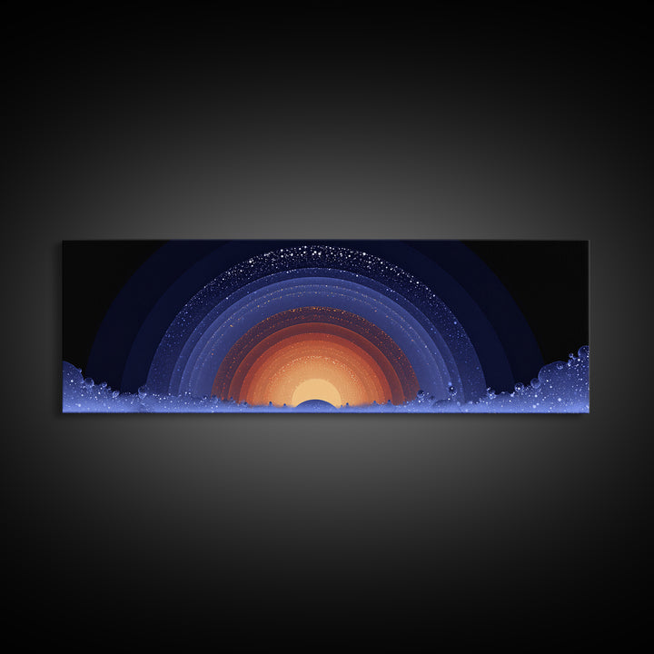 Starry Cosmic Sunrise Arc Wall Art, Midcentury Modern Space Abstract Print, Orange Blue Galaxy Decor, Retro Canvas Poster