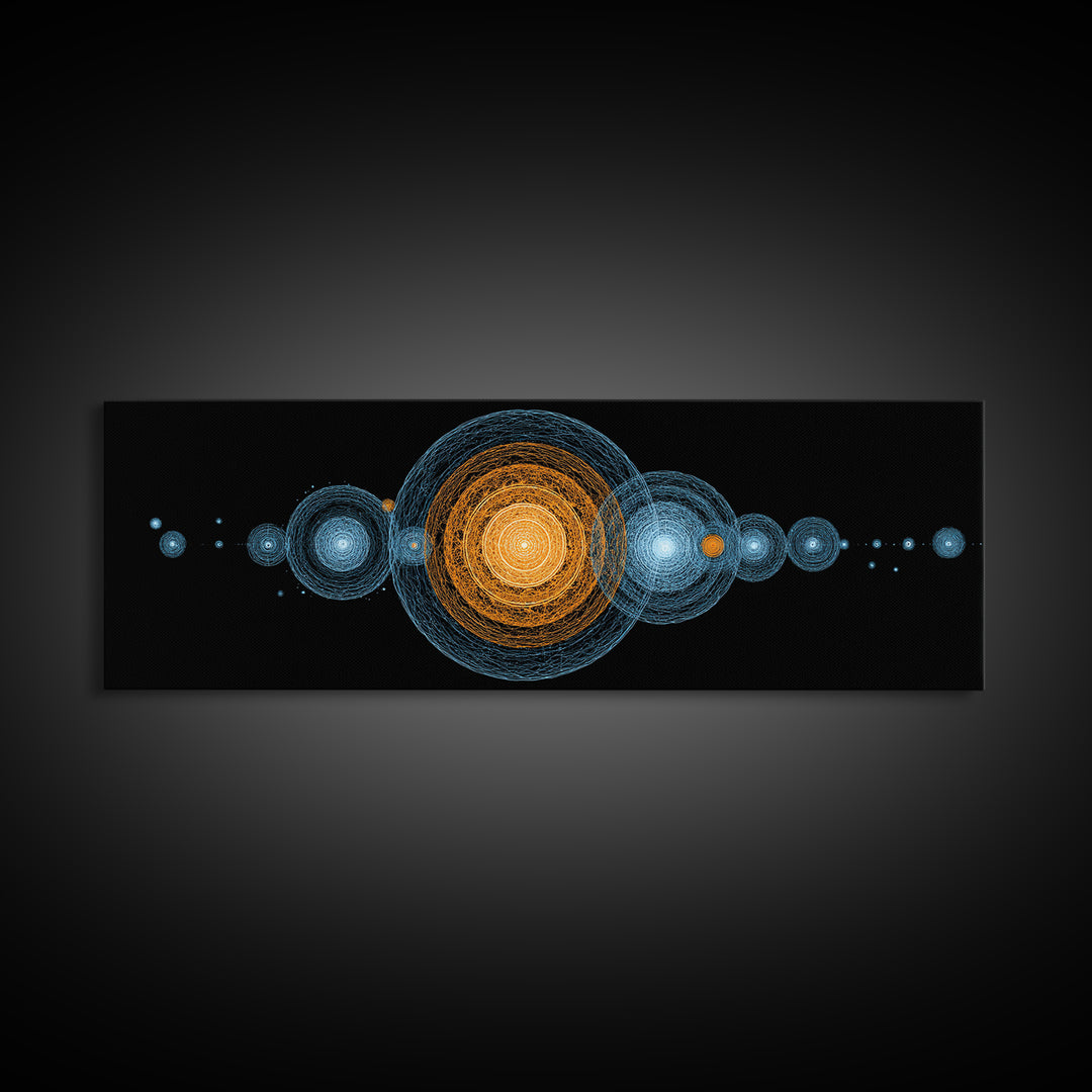 Planetary Orbit Circle Canvas Print, Midcentury Modern Space Wall Art, Blue Orange Geometric Decor, Atomic Abstract Poster