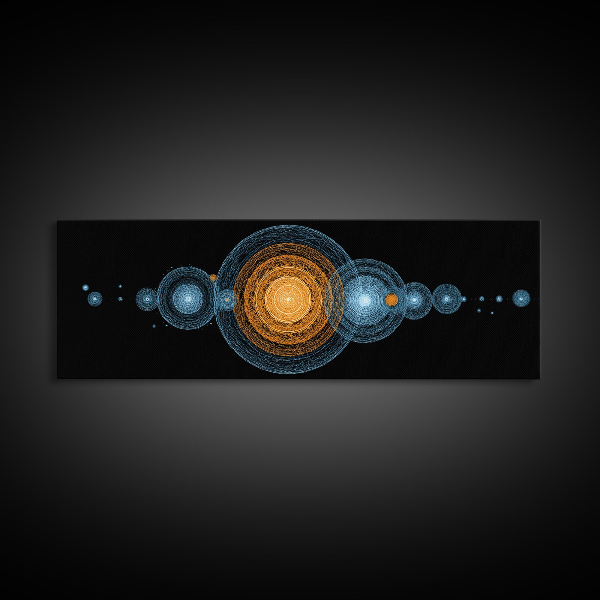 Planetary Orbit Circle Canvas Print, Midcentury Modern Space Wall Art, Blue Orange Geometric Decor, Atomic Abstract Poster