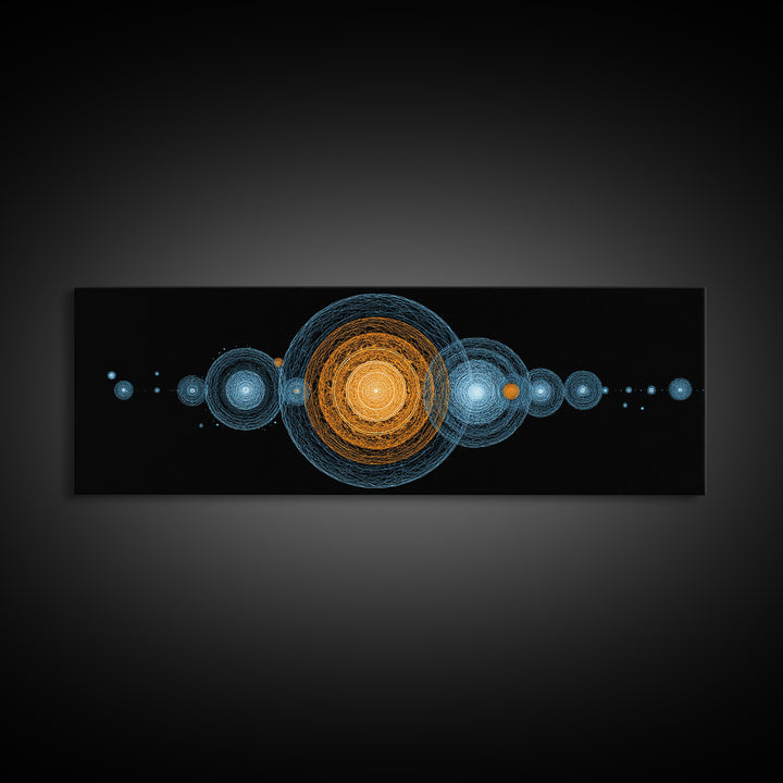 Planetary Orbit Circle Canvas Print, Midcentury Modern Space Wall Art, Blue Orange Geometric Decor, Atomic Abstract Poster