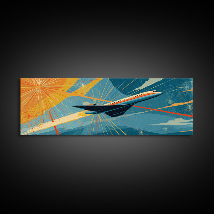 Jetliner Over Geometric Sunburst Canvas Print, Midcentury Modern Wall Decor, Retro Travel Poster, Atomic Aviation Art Gift