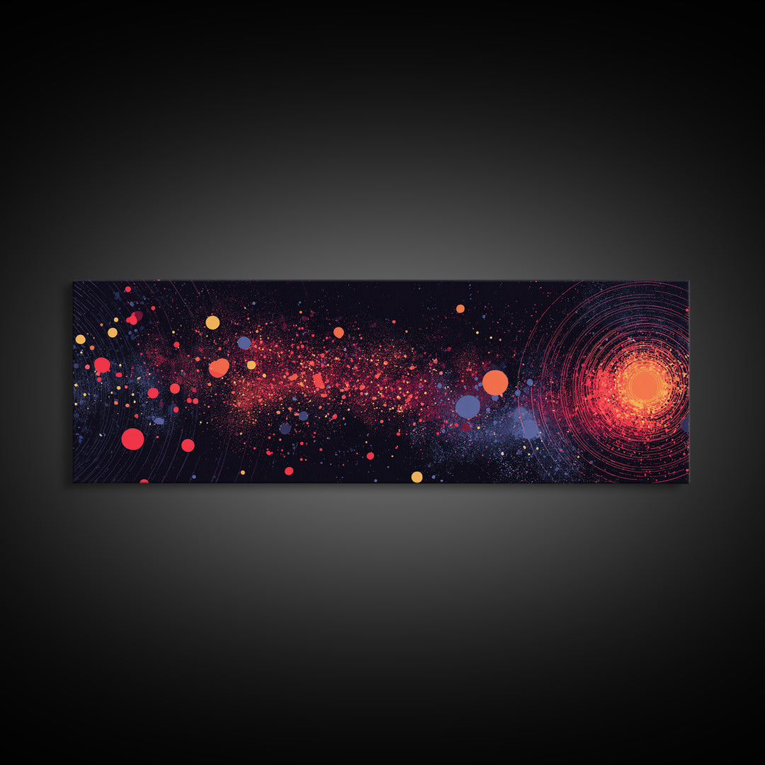 Orange Galaxy Burst With Orbiting Dots Canvas Print, Space Abstract Art, Cosmic Retro Wall Decor, Modern Art Poster, Home Decor