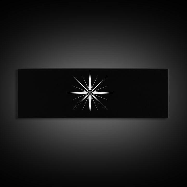 White Atomic Starburst On Black Wall Art, Midcentury Modern Geometric Print, Minimalist Retro Wall Decor, MCM Home Office Art