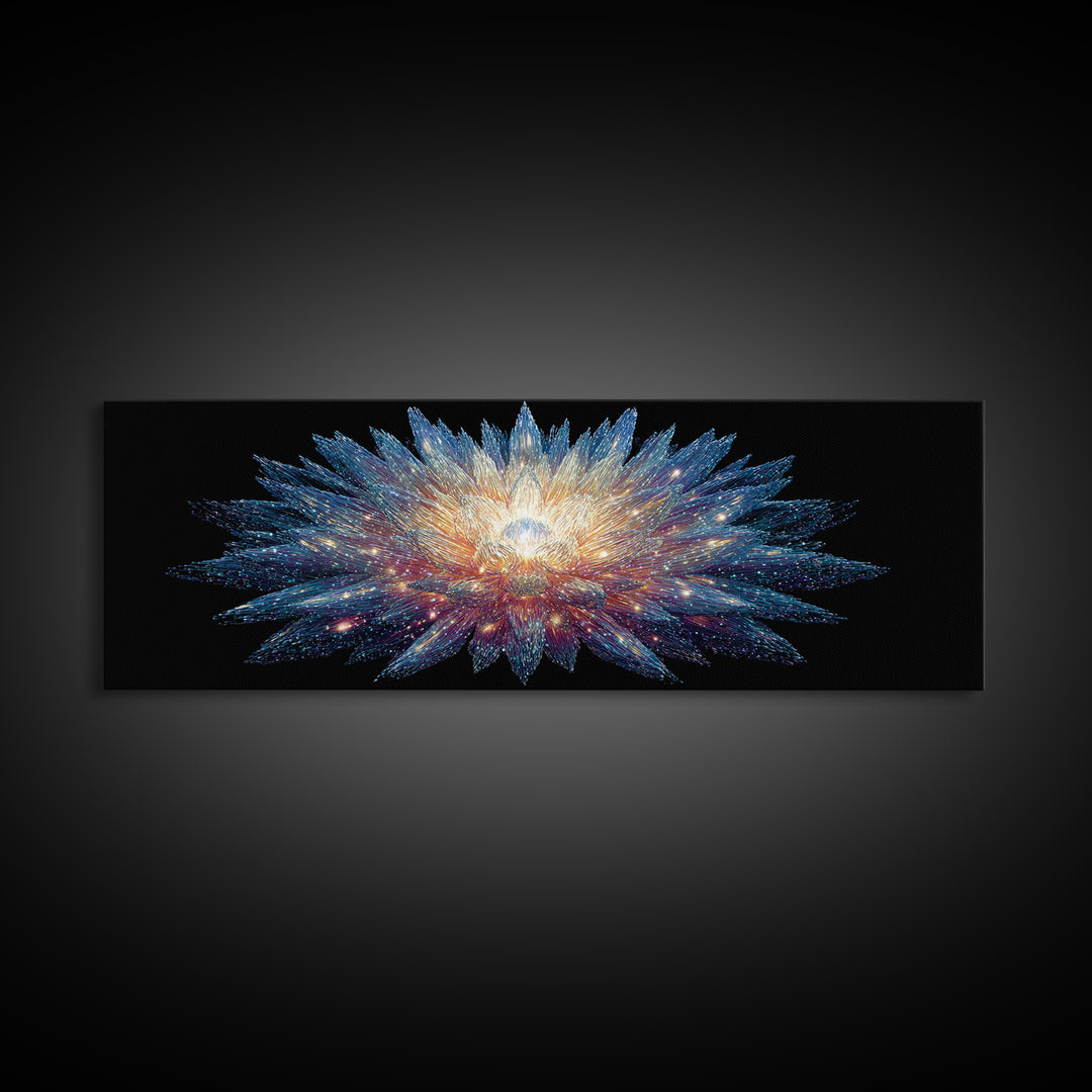 Glowing Cosmic Crystal Bloom Wall Art, Modern Abstract Art Print, Space Abstract Art, Blue Black Living Room Wall Decor Prints