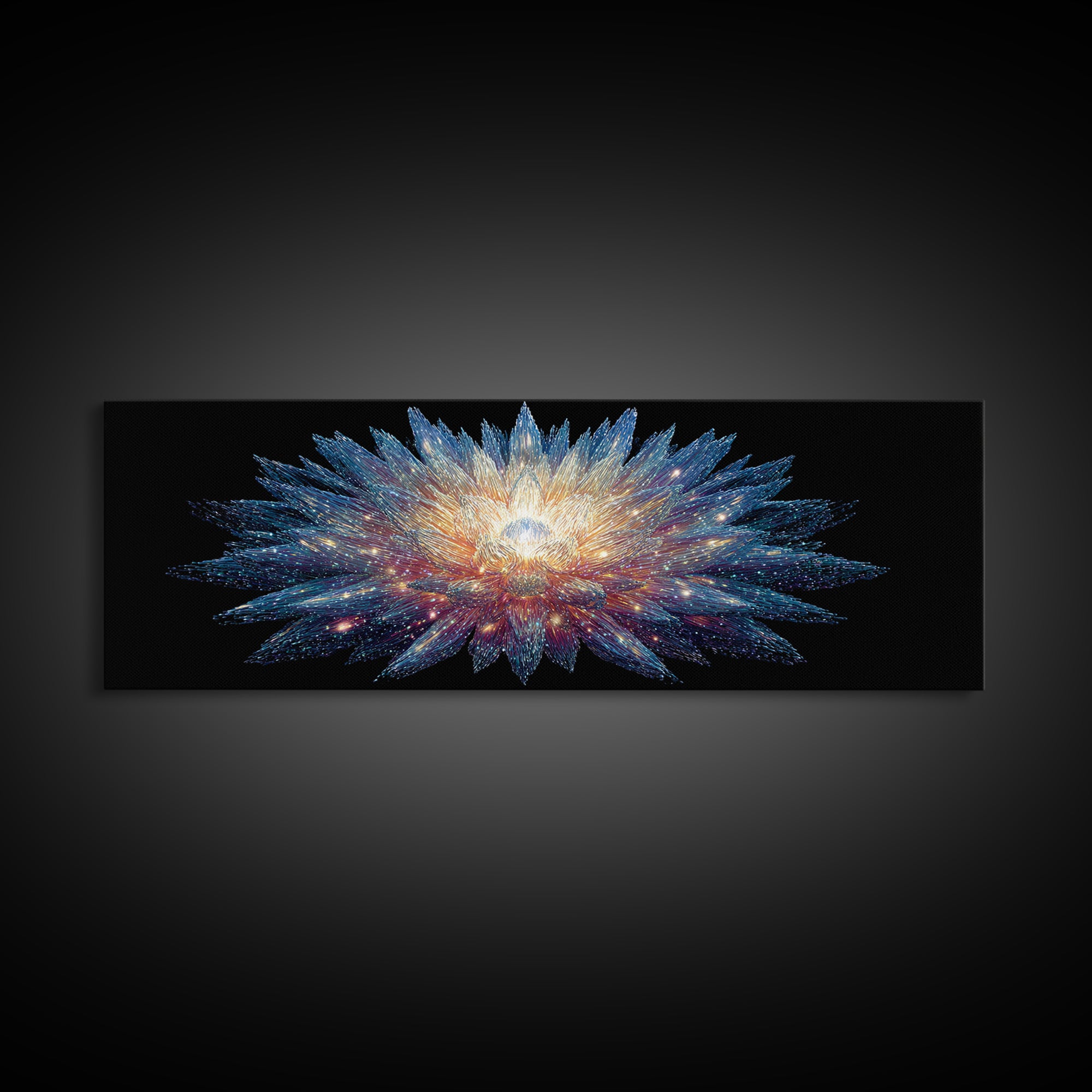 Glowing Cosmic Crystal Bloom Wall Art, Modern Abstract Art Print, Space Abstract Art, Blue Black Living Room Wall Decor Prints