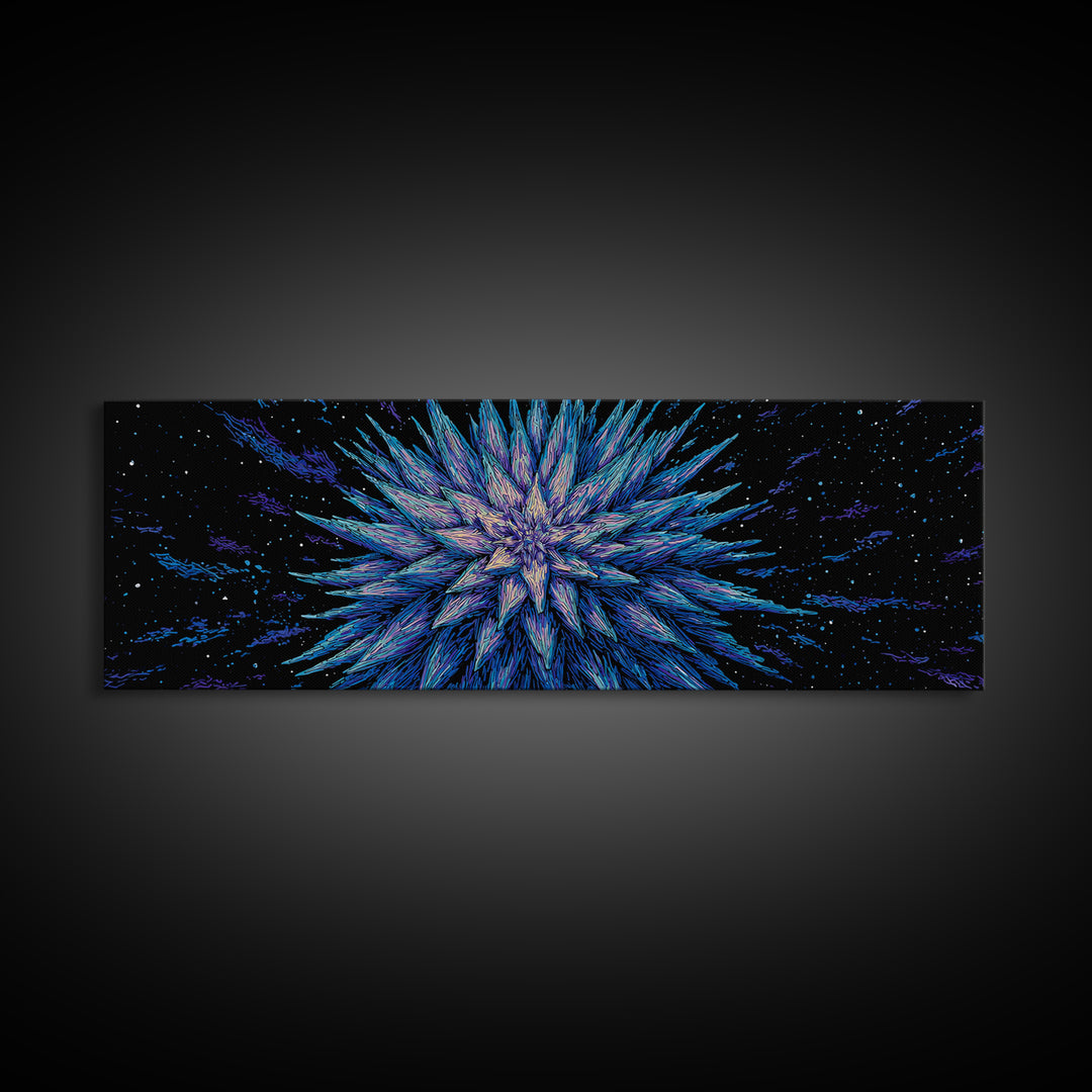 Electric Blue Crystal Explosion Canvas Print, Modern Abstract Art, Cosmic Retro Wall Art, Large Sci Fi Retro Art, Office Decor