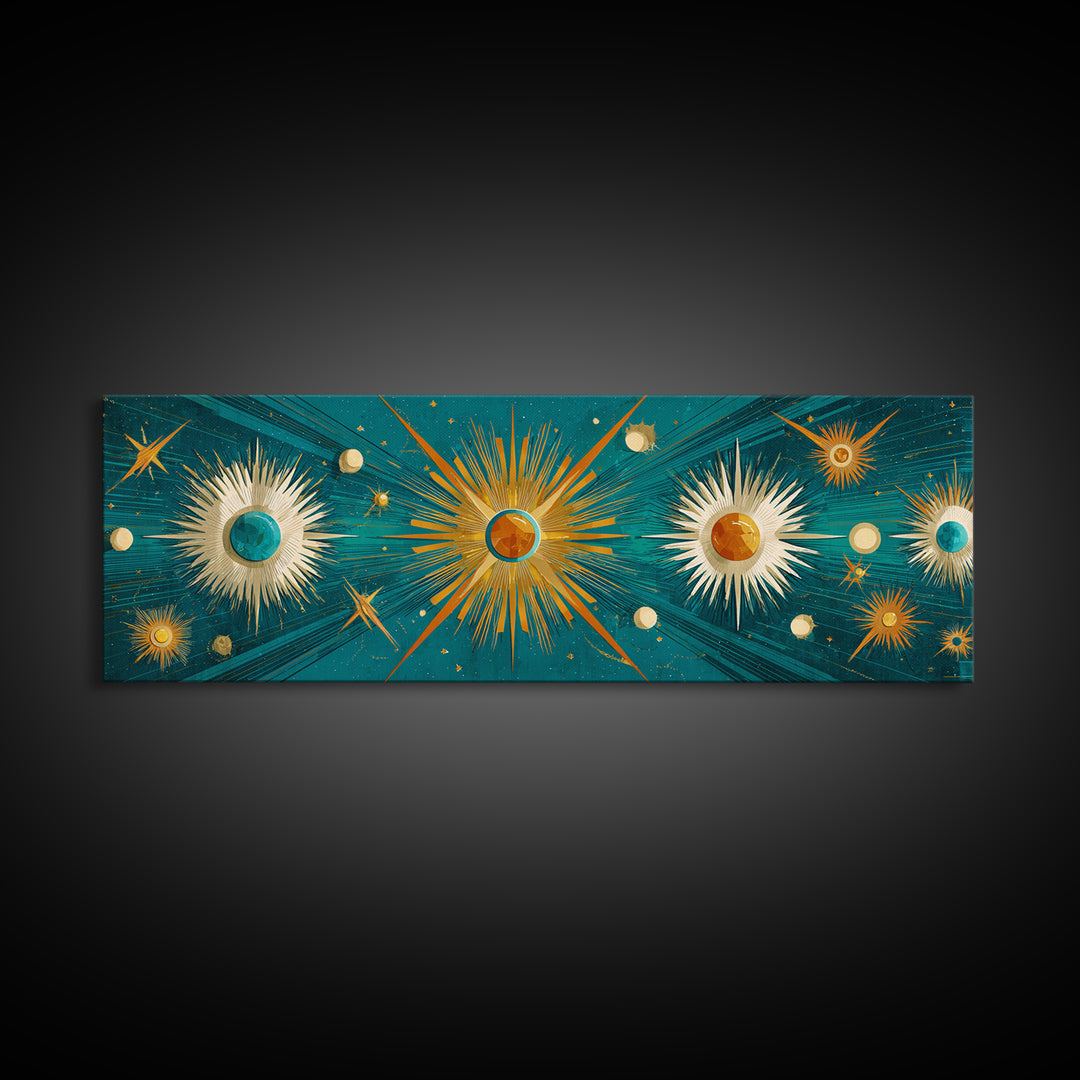 Teal Gold Celestial Sunburst Planets Wall Art, Modern Abstract Art Print, Art Deco Poster, Geometric Wall Decor, MCM Home Decor