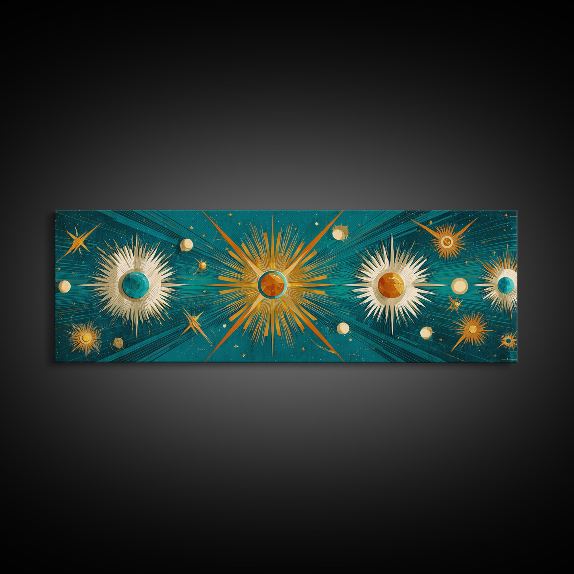 Teal Gold Celestial Sunburst Planets Wall Art, Modern Abstract Art Print, Art Deco Poster, Geometric Wall Decor, MCM Home Decor