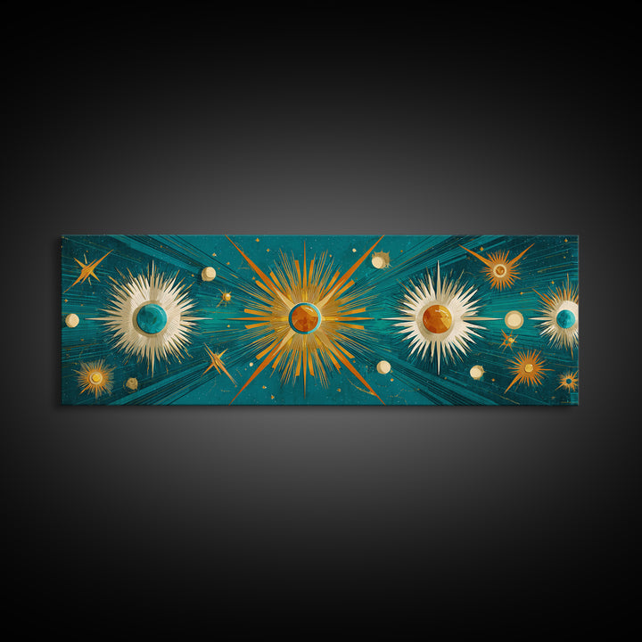 Teal Gold Celestial Sunburst Planets Wall Art, Modern Abstract Art Print, Art Deco Poster, Geometric Wall Decor, MCM Home Decor