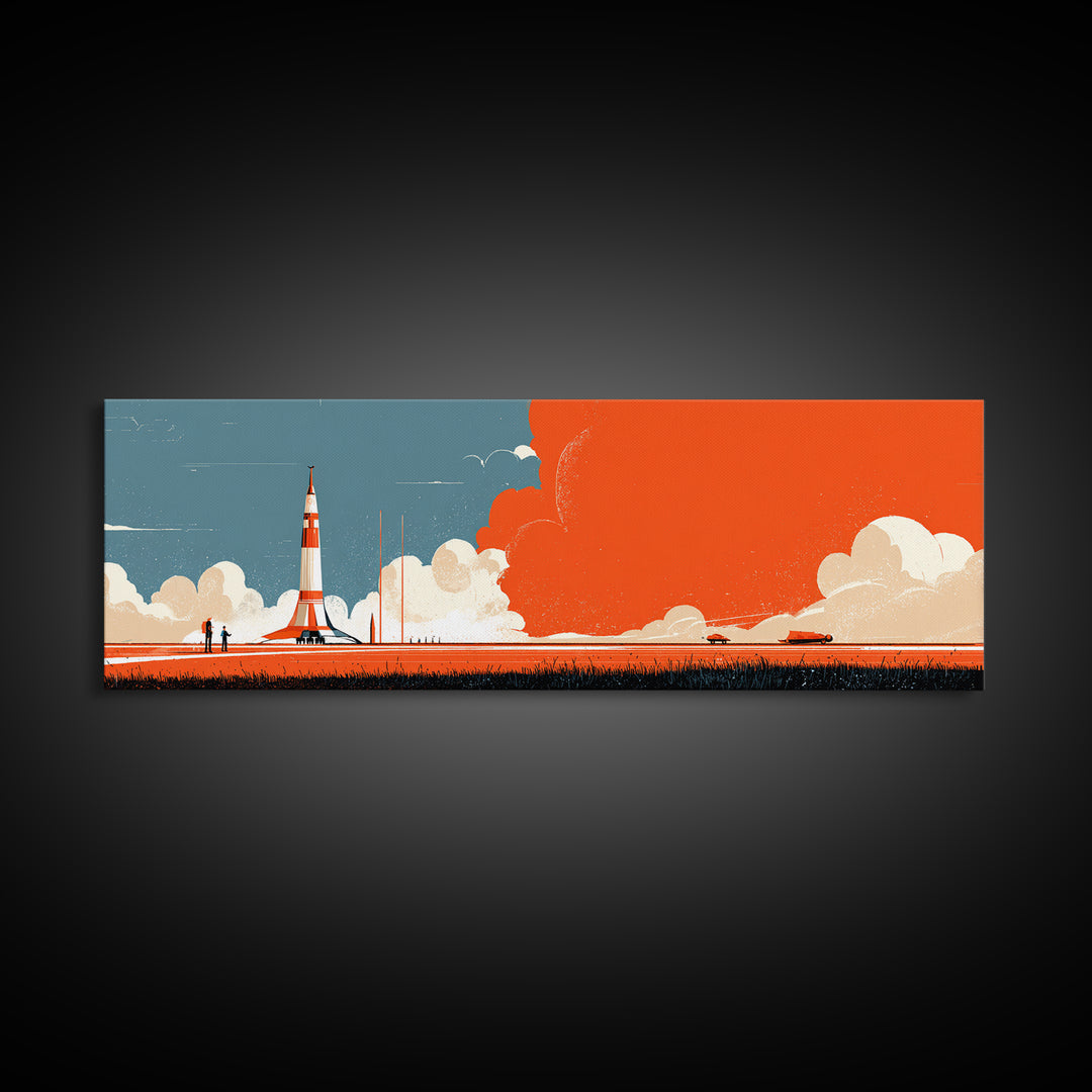 Retro Rocket Launch With Orange Smoke Wall Art, Midcentury Modern Space Poster, Atomic Sci Fi Decor, MCM Kids Room Print