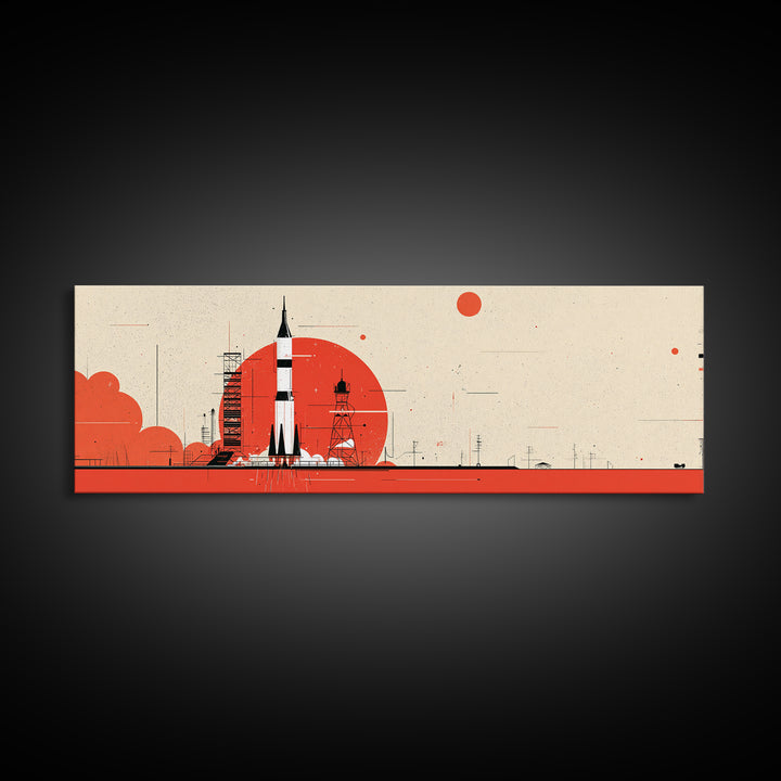 Minimal Red Rocket On Launch Pad Wall Art, Midcentury Modern Space Poster, Atomic Orange Sun Decor, Retro MCM Print Gift