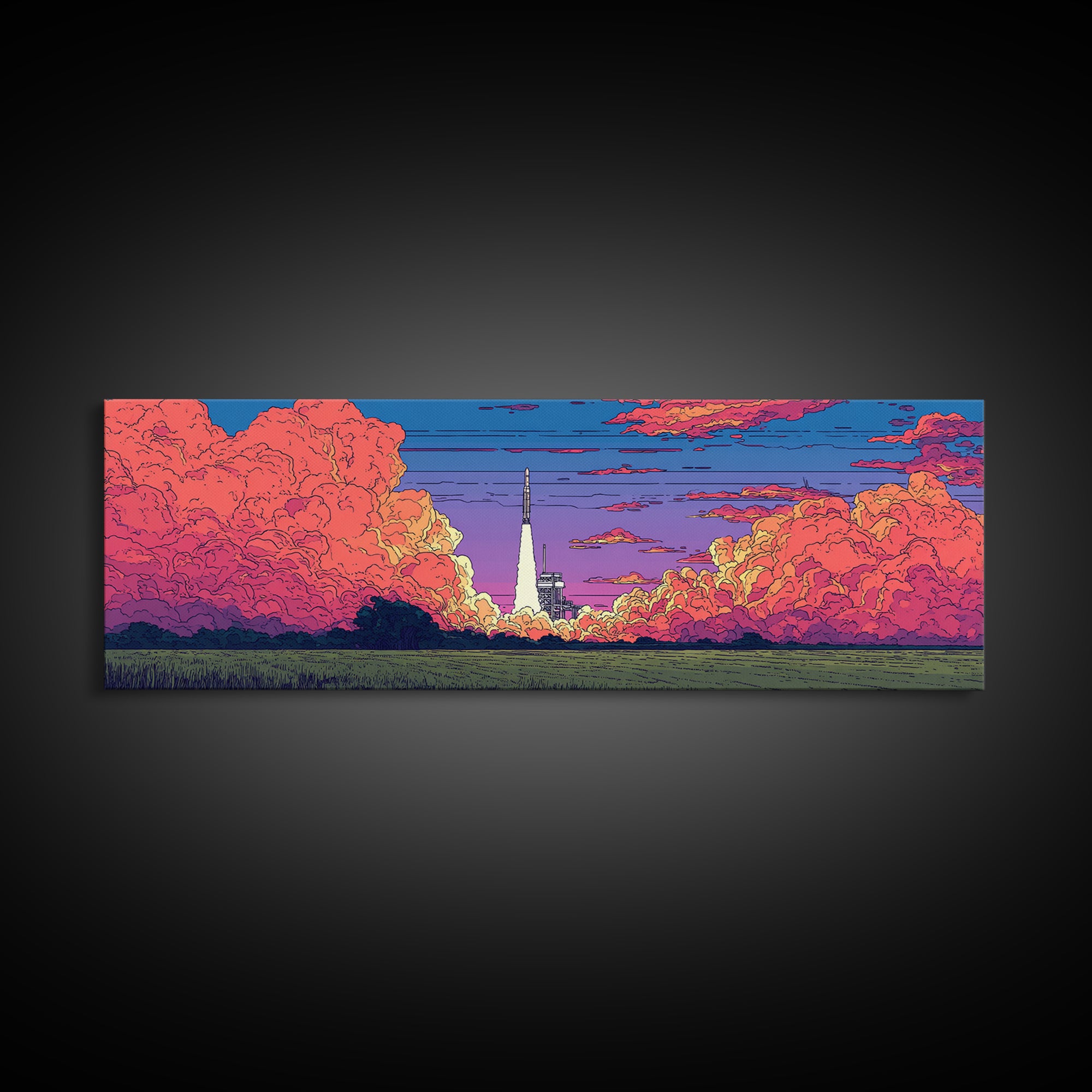 Pink Cloud Rocket Launch At Sunset Wall Art, Midcentury Modern Space Poster, Retro Sci Fi Landscape, Colorful MCM Decor Print