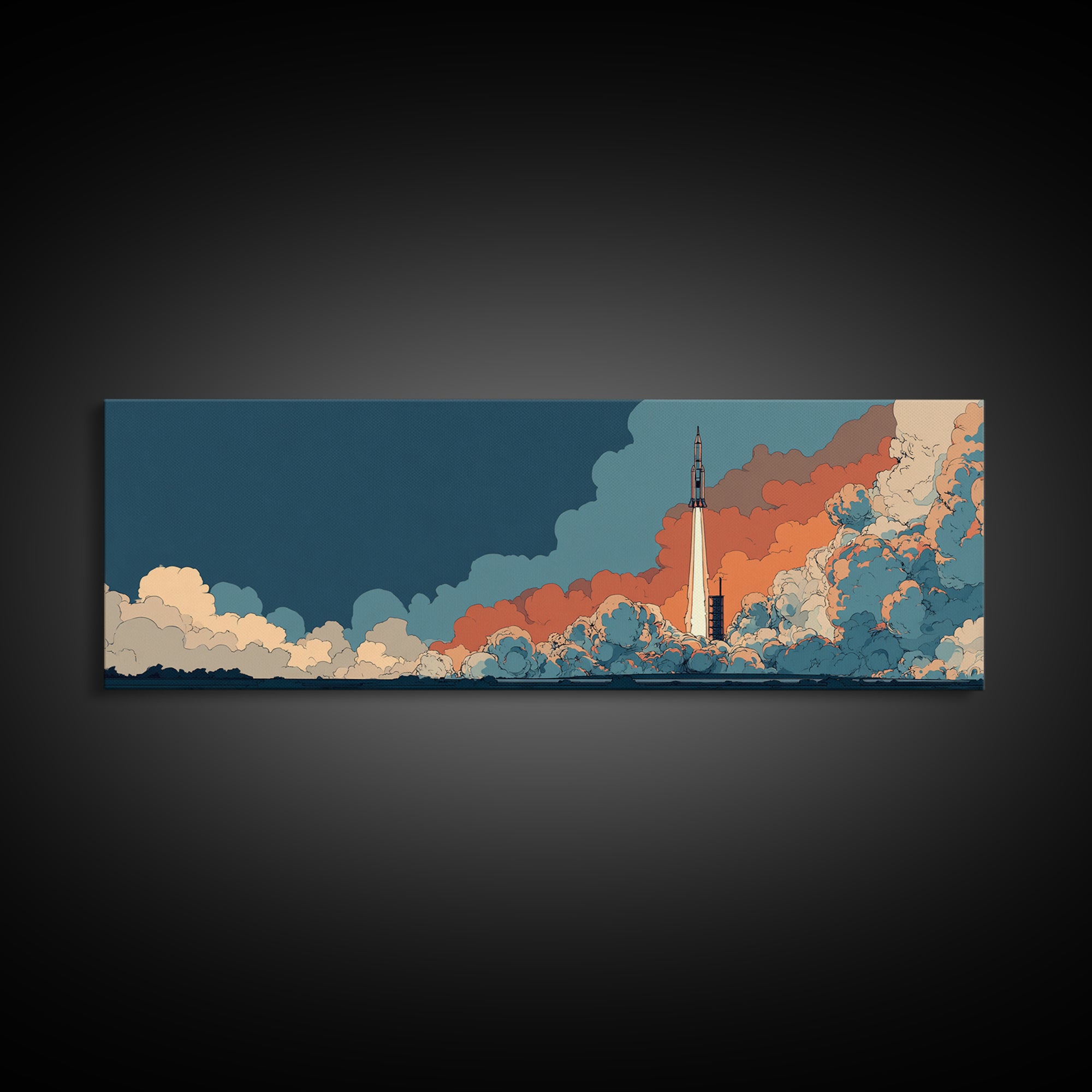 Teal Orange Rocket Rising Through Clouds Canvas Print, Midcentury Modern Space Poster, Atomic Sci Fi Decor, Retro Wall Art