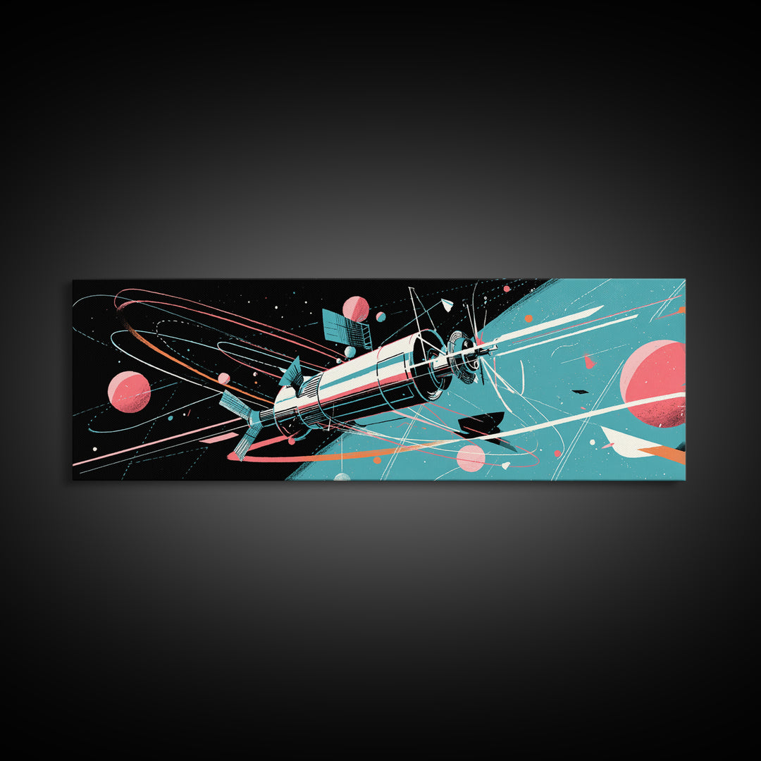 Retro Satellite With Pink Planets Wall Art, Midcentury Modern Space Poster, Atomic Sci Fi Decor, MCM Futuristic Print Gift