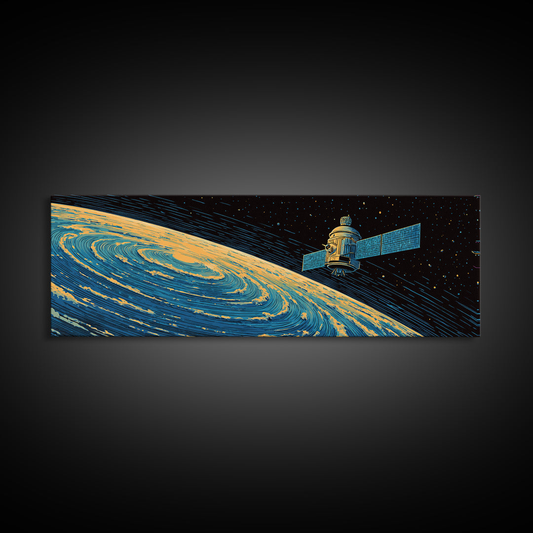 Orbiting Satellite Above Spiral Planet Canvas Print, Midcentury Modern Space Poster, Retro Sci Fi Wall Art, Atomic MCM Decor