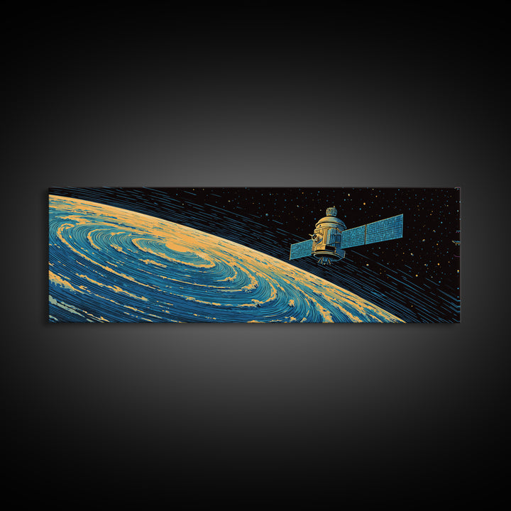 Orbiting Satellite Above Spiral Planet Canvas Print, Midcentury Modern Space Poster, Retro Sci Fi Wall Art, Atomic MCM Decor