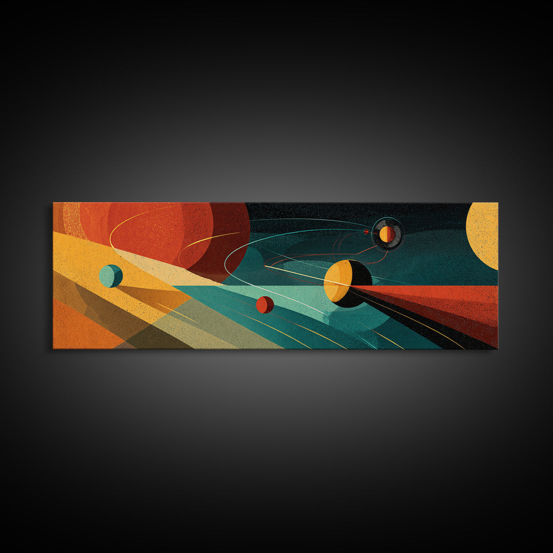 Abstract Planets With Cosmic Light Beams Wall Art, Midcentury Modern Space Poster, Retro Atomic Decor, Colorful Sci Fi Print
