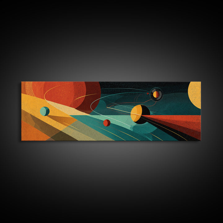 Abstract Planets With Cosmic Light Beams Wall Art, Midcentury Modern Space Poster, Retro Atomic Decor, Colorful Sci Fi Print