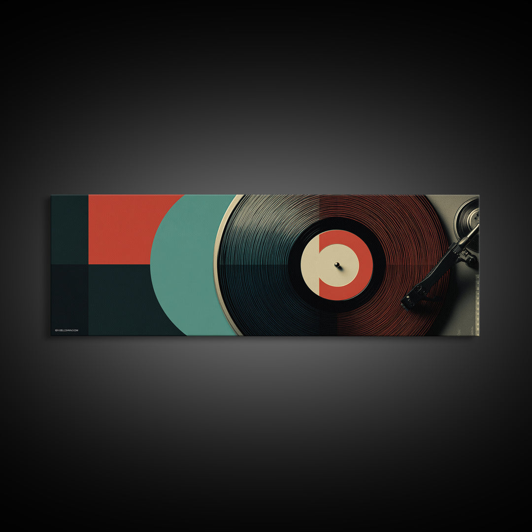 Close Up Vinyl Record Canvas Print, Modern Retro Wall Art, Midcentury Music Poster, Bold MCM Decor For Studio And Den Gift