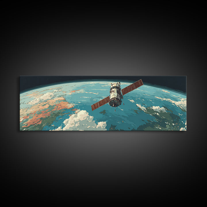 Satellite Orbiting Earth Horizon Framed Canvas Print, Midcentury Modern Space Poster, Retro Sci Fi Wall Art, MCM Decor Gift