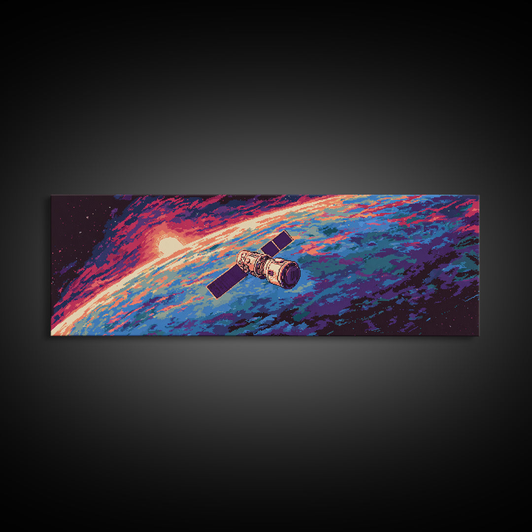 Retro Satellite Over Earth Sunrise Wall Art, Panoramic Sci Fi Space Poster, Midcentury Modern Decor, Large Canvas Print Gift