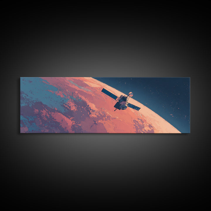 Peach Planet Orbit Satellite Canvas Print, Retro Sci Fi Space Wall Art, Midcentury Modern Poster, Office Decor Gift For Him
