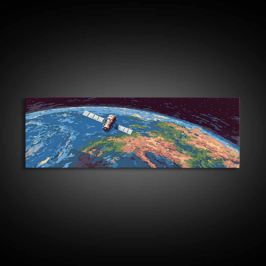 Satellite Above Blue Green Earth Wall Art, Panoramic Retro Space Poster, Midcentury Modern Art Print, Home Office Decor Gift