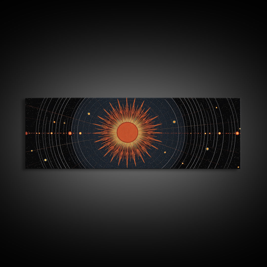 Celestial Orange Sun Orbit Diagram Wall Art, Atomic Midcentury Modern Art Poster, Geometric Space Print, Office Decor Gift