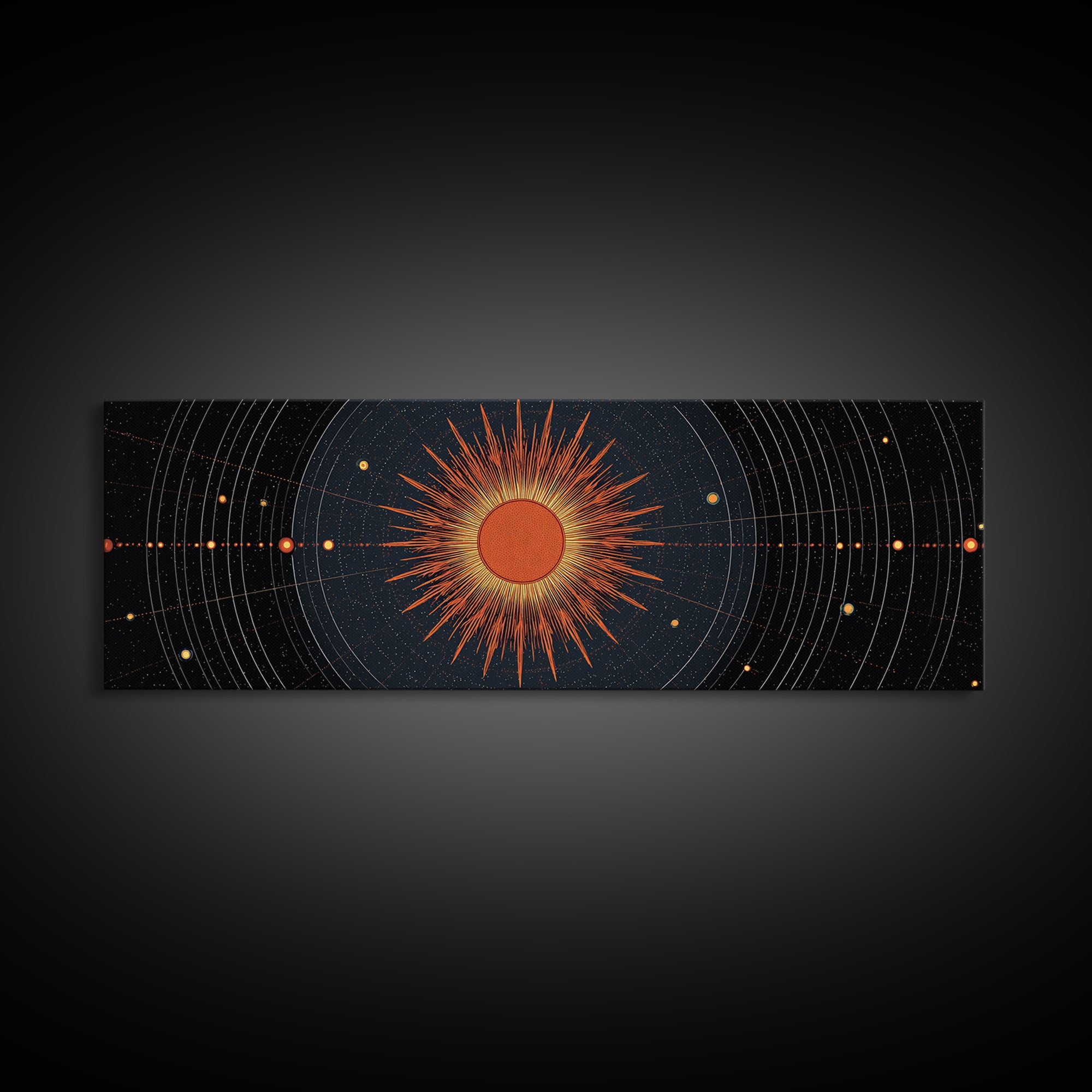 Celestial Orange Sun Orbit Diagram Wall Art, Atomic Midcentury Modern Art Poster, Geometric Space Print, Office Decor Gift