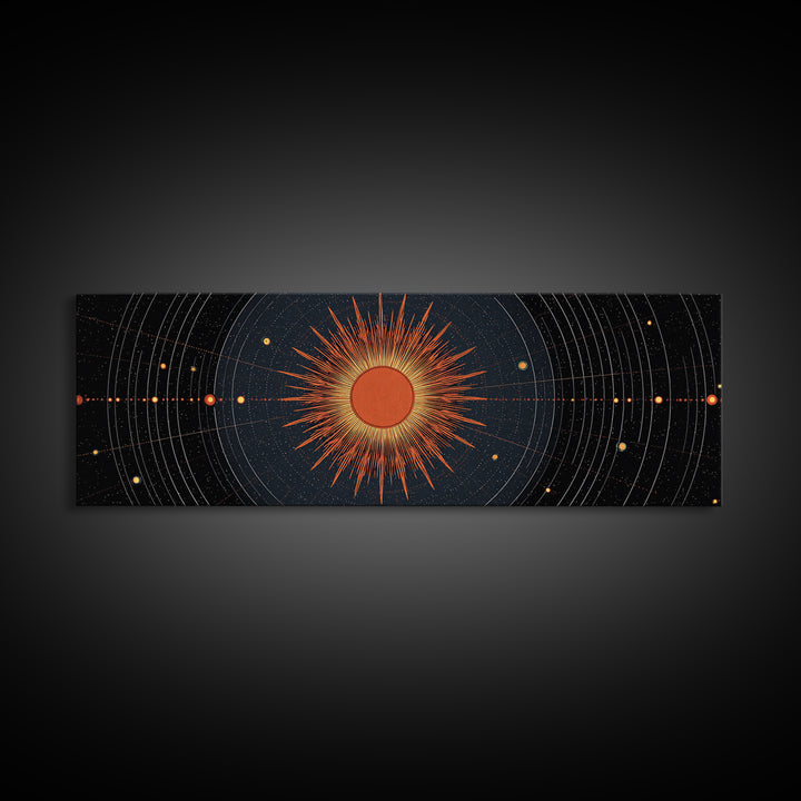 Celestial Orange Sun Orbit Diagram Wall Art, Atomic Midcentury Modern Art Poster, Geometric Space Print, Office Decor Gift