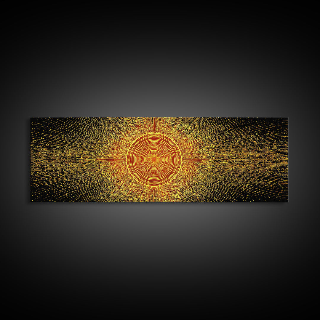 Golden Radiant Mandala Sun Canvas Print, Abstract Space Wall Art, Midcentury Modern Decor, Spiritual Geometric Poster Gift