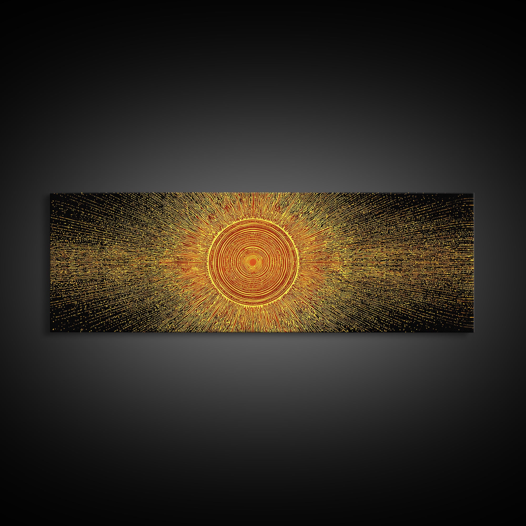 Golden Radiant Mandala Sun Canvas Print, Abstract Space Wall Art, Midcentury Modern Decor, Spiritual Geometric Poster Gift