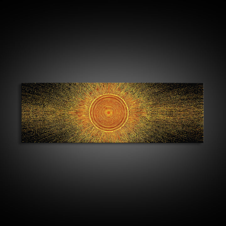 Golden Radiant Mandala Sun Canvas Print, Abstract Space Wall Art, Midcentury Modern Decor, Spiritual Geometric Poster Gift