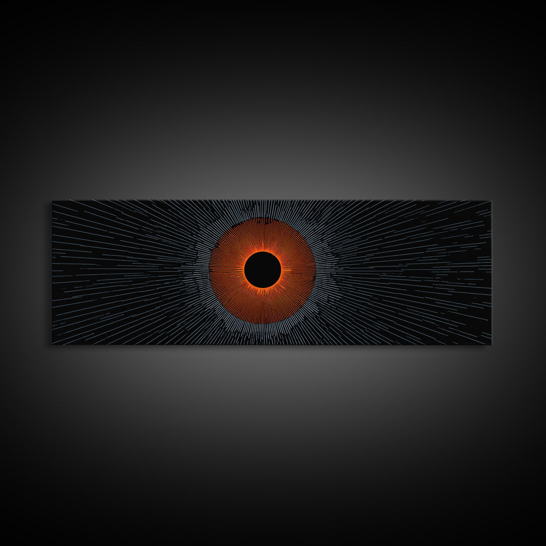 Orange Eclipse With Blue Radial Lines Wall Art, Abstract Sci Fi Space Poster, Midcentury Modern Decor, Geometric Print Gift