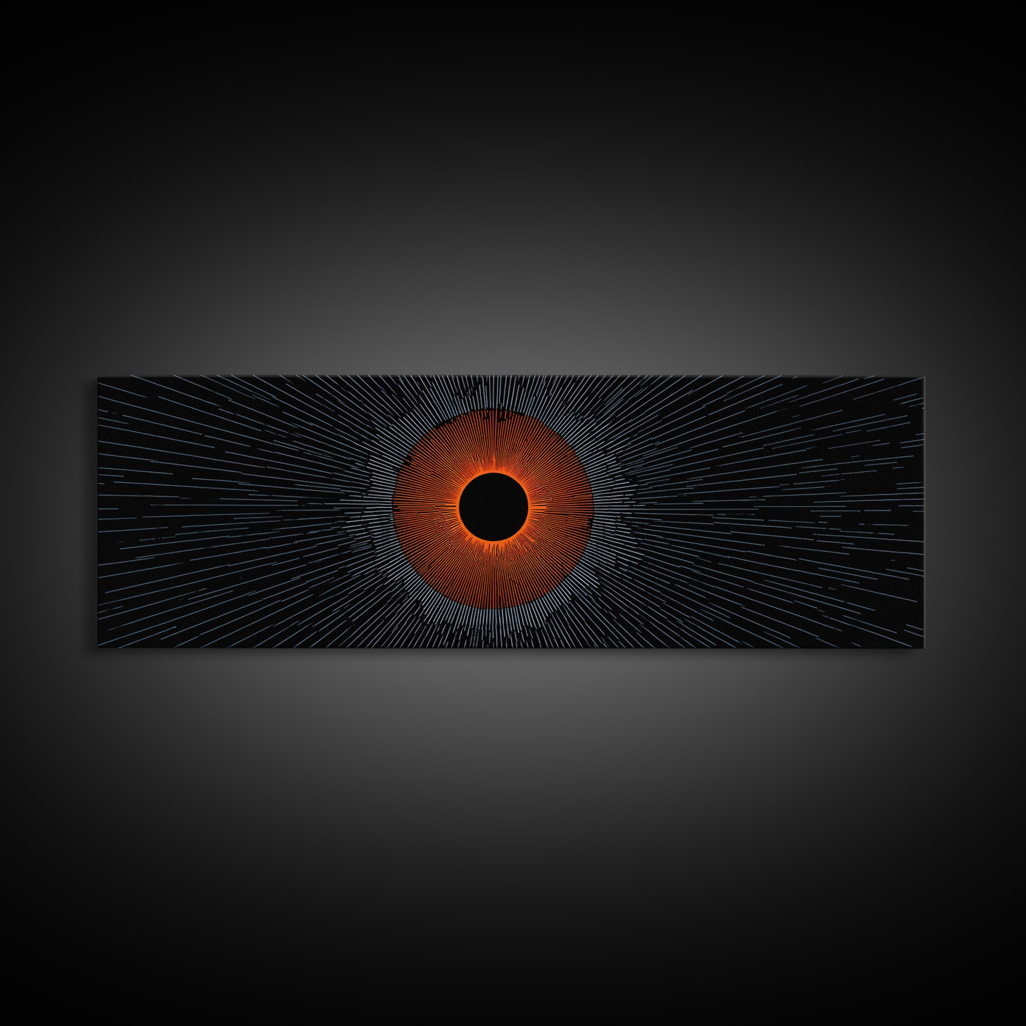 Orange Eclipse With Blue Radial Lines Wall Art, Abstract Sci Fi Space Poster, Midcentury Modern Decor, Geometric Print Gift
