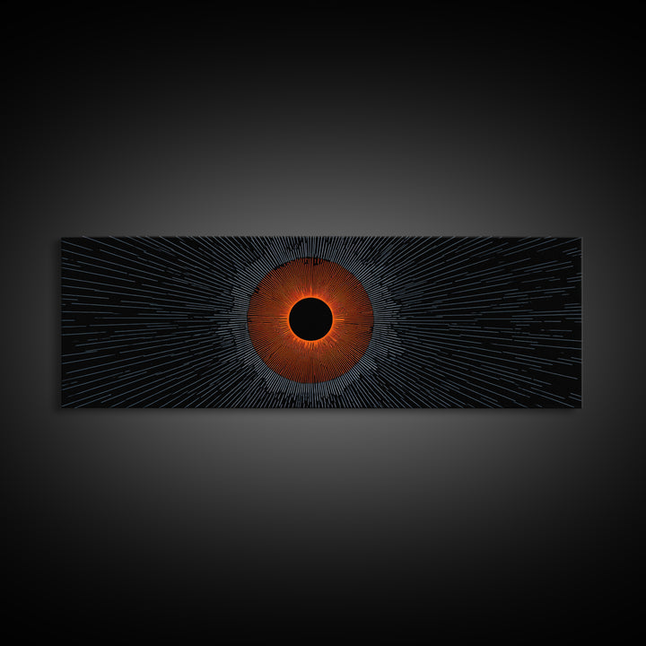 Orange Eclipse With Blue Radial Lines Wall Art, Abstract Sci Fi Space Poster, Midcentury Modern Decor, Geometric Print Gift